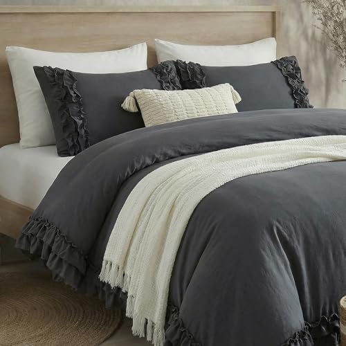 Dark Grey Ruffled Duvet Cover King Boho Bedding Set Gary Ruffle Fringe Shabby Chic Bedding Super Soft Cozy Farmhouse Duvet Cover Set for All Season