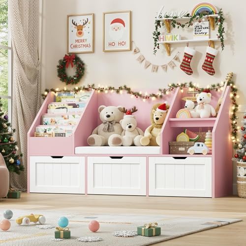 FOTOSOK Kids Bookshelf with Reading Nook, Toy Storage with Seat Cushion
