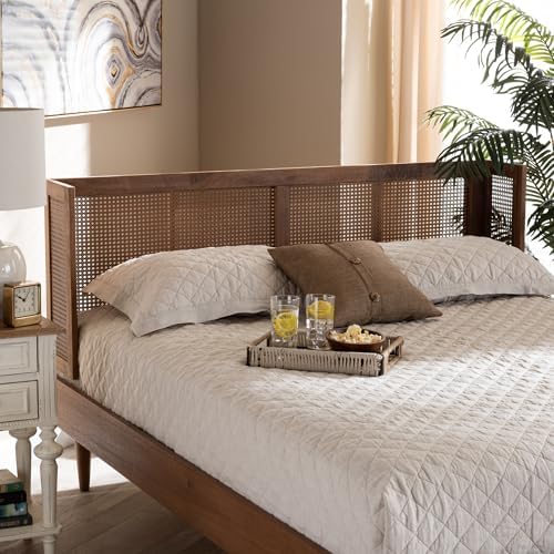 Baxton Studio Rina Mid-Century Modern Ash Wanut Finished Wood and Synthetic Rattan King Size Wrap-Around Headboard