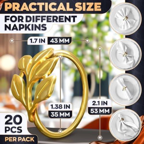 20 Pcs Gold Napkin Rings with Leaf Design, 1.38 Inch Inner Diameter