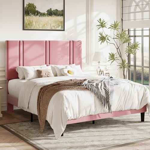 Allewie Full Size Platform Bed Frame with Velvet Upholstered Headboard