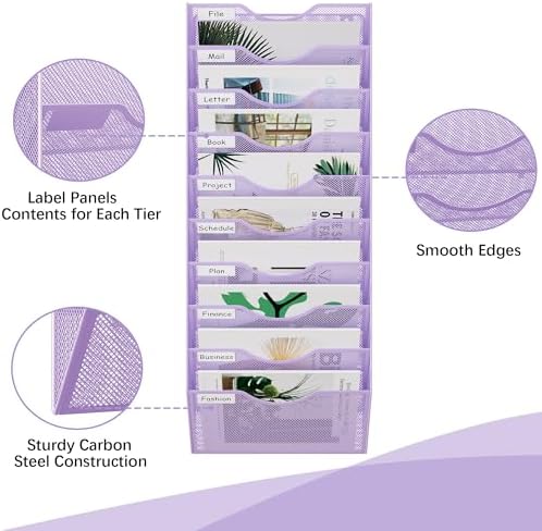 EasyPAG 10 Pocket Mesh Wall File Organizer, Hanging Paper Folder Holder with Classify Label, Vertical Wall Mount Mail Organizer for Office Home Classroom, Purple