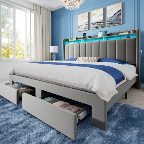 Allewie King Size Bed Frame with 2-Tier Storage Headboard & 2 Large Drawers