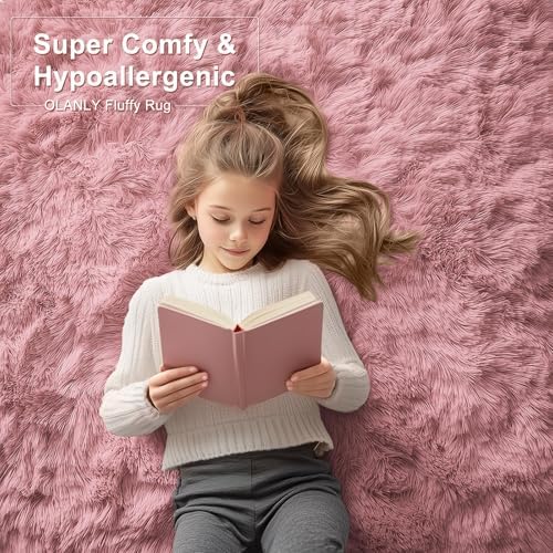 OLANLY 2x3 Machine Washable Small Bedside Rug, Soft Fluffy Shaggy Entryway Throw Rugs for Bedroom, Living Room, Indoor Floor Carpet for Kids Girls Boys, Nursery Rooms, Home Decor Aesthetic, Pale Pink