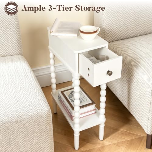 Fultyle Narrow White End Table, Slim Side Table with Drawer and Open Shelf