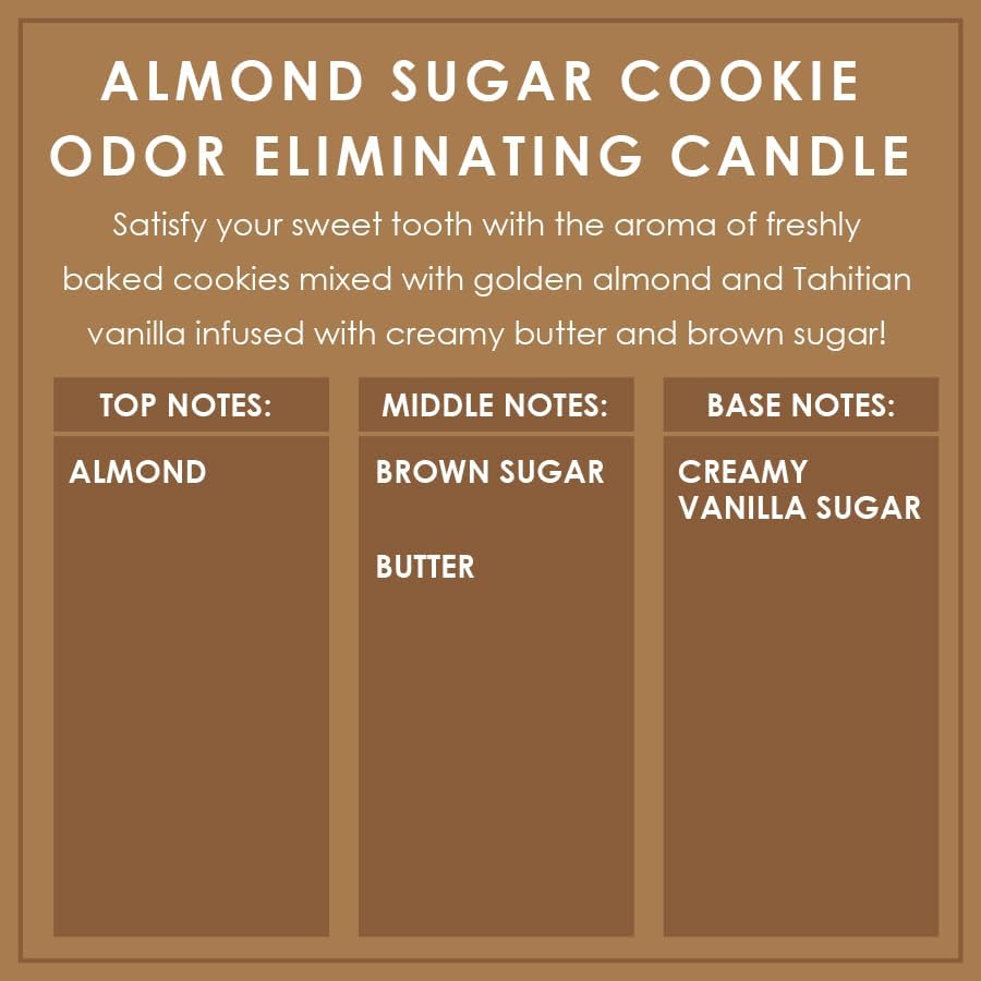 Almond Sugar Cookie Odor Eliminating Highly Fragranced Candle - Eliminates 95% of Pet, Smoke, Food, and Other Smells Quickly - Up to 80 Hour Burn time - 12 Ounce Premium Soy Blend