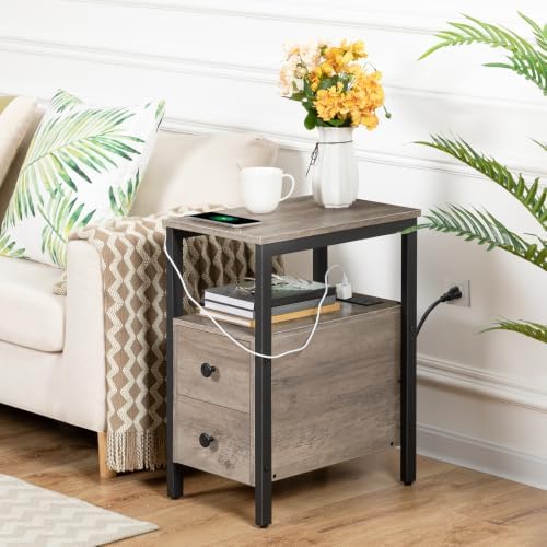 HOOBRO End Table with Charging Station, Narrow Side Table with 2 Drawers & USB Ports & Power Outlets, Nightstand for Small Spaces, Bedroom, Living Room, Stable and Sturdy, Greige and Black BG541BZ01