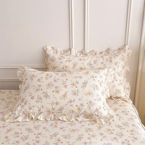 Floral Cotton Duvet Cover King Size 3 Pcs,100% Cotton Duvet Cover with 2 Pillowcases with Ruffles,Pink Rustic Aesthetic Breathable Soft Comfy Comforter Covers King 104"×90"