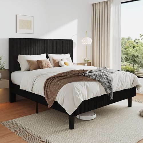 Allewie Full Bed Frame, Corduroy Tufted Headboard, Black