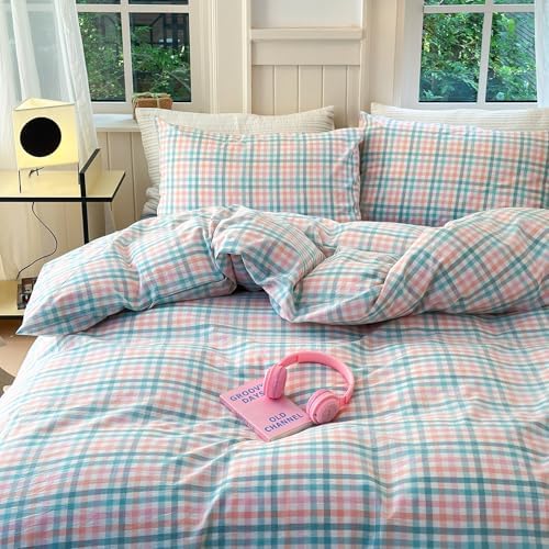 Vintage Plaid Duvet Cover Full Washed Cotton Check Bedding Set 3 Pieces