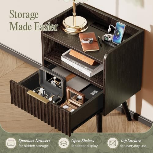 Huuger Nightstand Set of 2 with Charging Station, USB-C Port, End Tables