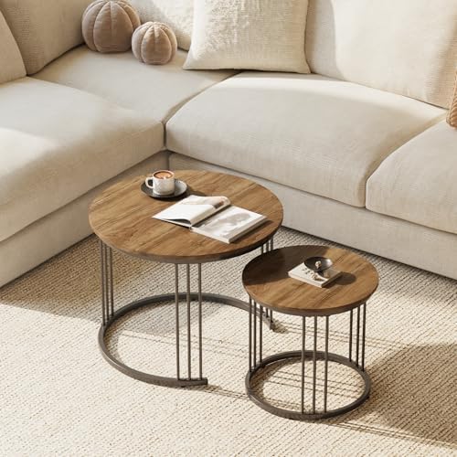 Garden 4 you Nesting Coffee Table, 23.6" Round Coffee Table Set of 2, Wooden Nesting Table with Metal Frame, Ceter Tables for Living Room Bedroom Balcony, Brown