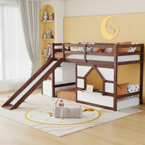 Bellemave Twin Low loft/bunk Bed with Slide and Storage Staircase LED for Kids,Wood Loft Beds,Walnut+White
