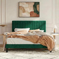 SHA CERLIN Full Upholstered Platform Bed Frame with Vertical Channel Tufted Velvet Fabric Adjustable Headboard, Wooden Slats Support, Mattress Foundation, Box Spring Optional, Green