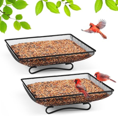 MIXXIDEA Ground Bird Feeder Tray 11x11 Inches, Metal Platform Mesh Seed Tray for Bird Feeders, Great Attracting Garden Yard Decoration for Wild Birds Squirrels Dove,2 Pack