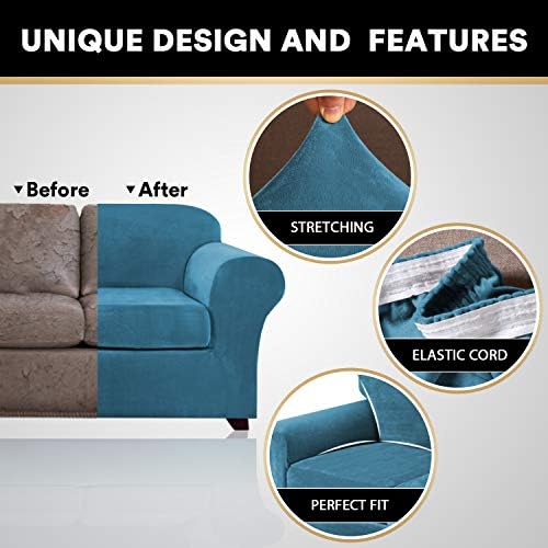 PrinceDeco Velvet Plush Couch Cover Stretch 2 Piece Chair Cover Chair Slipcover Washable Furniture Protector Couch Soft with Elastic Bottom Armchair Cover Width Up to 49 Inch(Small, Blue)