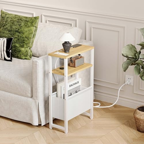 Narrow Side Table with Charging Station Slim End Table Sofa with Magazine Rack, Bedside Table for Small Spaces, 3 Tier Nightstand for Living Room Couch, Bedroom Natural LET503YE