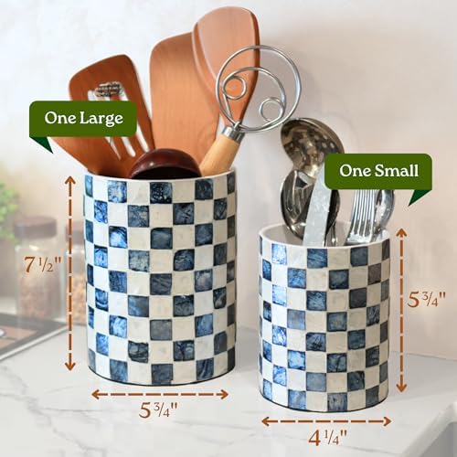 Chi An Home 7.4" + 5.8" Capiz Shell Mosaic Navy Blue Utensil Holders Set 2