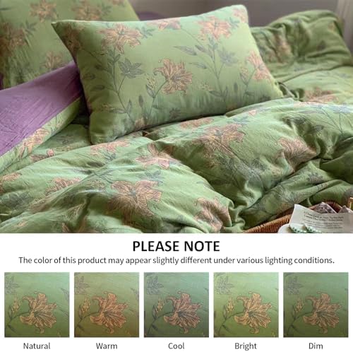 Retro Flower Duvet Cover King,3Pcs Yarn-Dyed French Linen Jacquard Duvet Cover Set Mint Green Purple Bedding Set for Girls Women Without Comforter