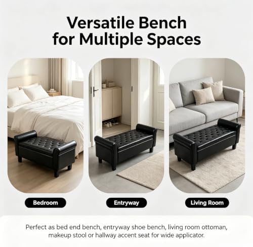 51 Inch Black Faux Leather Storage Ottoman Bench with Rolled Armrests