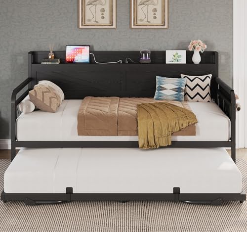 LIKIMIO Twin Daybed with Pop Up Trundle & Charging Station & Storage Shelf