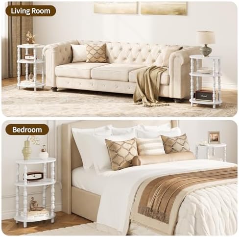 Yoobure 3-Tier Small Side Table - Oval End Table with Vintage Spindle Legs, Accent Night Stand with Storage Shelf for Narrow Spaces, Wood Nightstand Bedside Table for Living Room, Bedroom, White