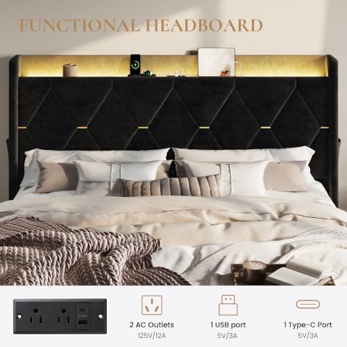 SHA CERLIN King Size Bed Frame with Storage Drawer & LED Lights, Black