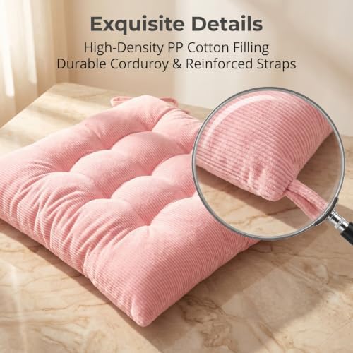 HLOVME Corduroy Chair Cushion with Ties Ultra Soft Warm Floor Cushion for Kids Reading Nook Comfortable Square Seat Cushion for Adult 15.7”x15.7”, Pink