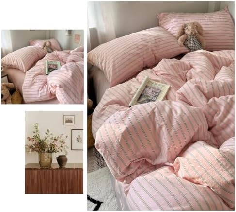 Vintage Striped Duvet Cover Queen 3 Pieces 100% Washed Cotton Bedding Set