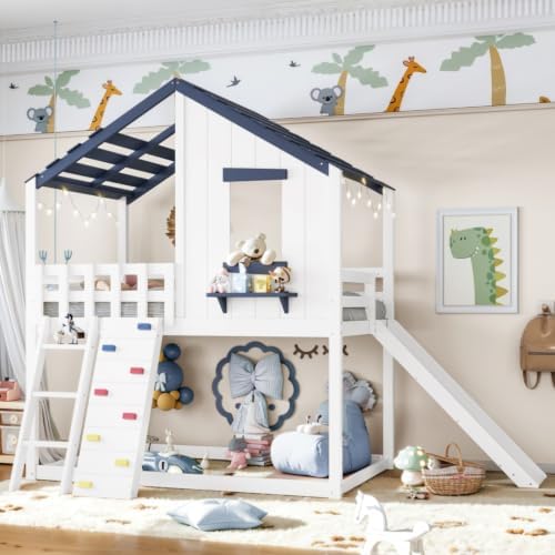 Twin Size House Bunk Bed with Convertible Slide & Ladder, White