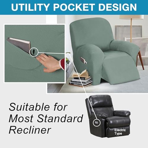 Flamingo P Stretch Recliner Chair Cover Recliner Cover for Electric/Manual Style | Furniture Cover for Reclining with Side Pocket, Soft Checked Jacquard Fabric Form Fitted Standard/Oversized - Sage