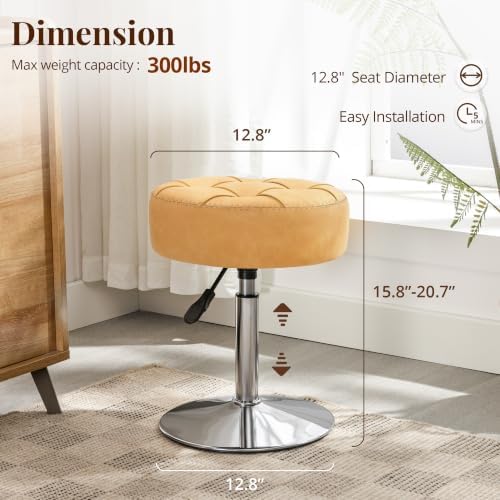 LUE BONA Adjustable Vanity Stool, 360°Swivel Vanity Chair Stool for Makeup Room, Honey Brown Stool Chair for Vanity, Small Velvet Vanity Stool for Bathroom, Living Room