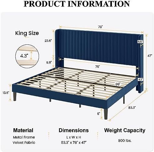 SHA CERLIN King Size Velvet Bed Frame, Tufted Wingback Headboard, Blue