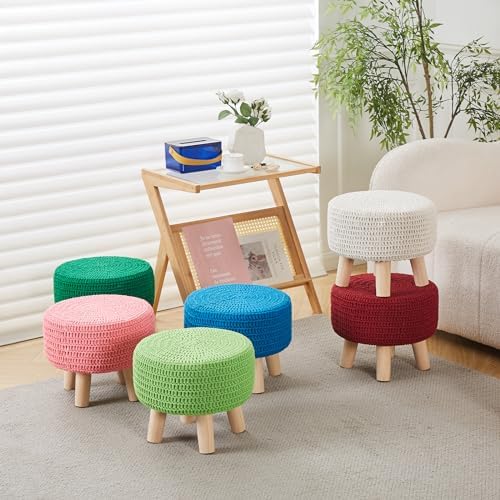 13" Round Handmade Cotton Knitted Boho Small Ottoman with Non-Skid Wood Leg