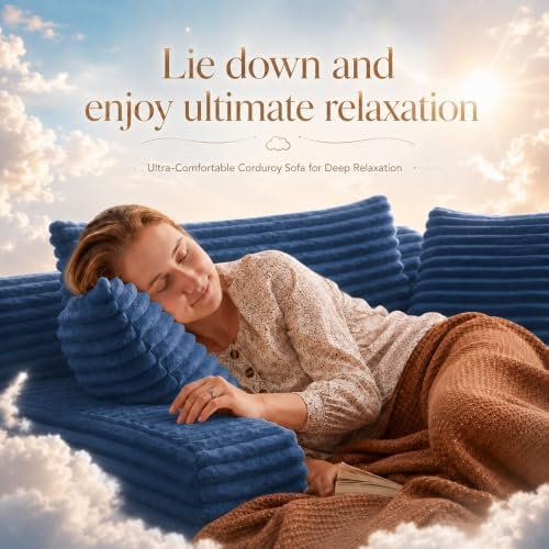 66" Chaise Lounge Chair Indoor, Corduroy Upholstered Reading Chair Oversized Boneless Chair with Deep Seat, Cloud Lounge Chair with 3 Pillows for Living Room, Bedroom, No Assembly Required