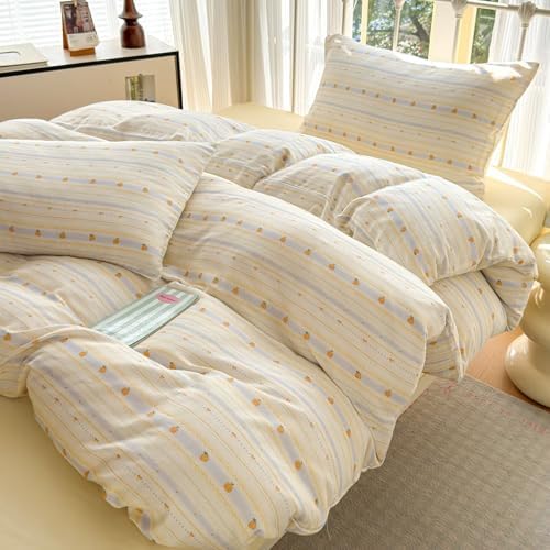 Yellow Duvet Cover Full Size 100% Cotton Muslin Cute Pumpkin Bedding Set for Teen Girls Women,Soft Comfy Double Gauze Bedding Quilt Covers,3 Pieces(1 Duvet Cover with 2 Pillowcases)