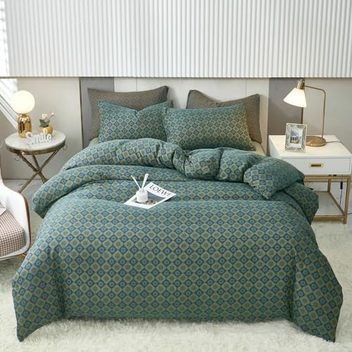 Boho Duvet Cover King Geometric Pattern,3Pcs Yarn-Dyed Muslin Cotton Duvet Cover Set Blue Green Flower Bedding Set for Girls Women Without Comforter