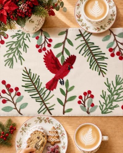 Miss Adola Embroidered Canvas 13"x72" Christmas Table Runner, Cardinal