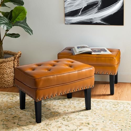 Glitzhome Set of 2 Ottoman Stool, Mid-Century Modern PU Leather Vanity Accent Stool Chair, Makeup Stools Footrest Side Table for Living Room Vanity Entryway, Cognac
