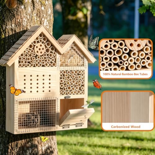Large Wooden Insect Hotel for Outdoors - Waterproof Bee House & Butterfly Habitat with Bamboo Tubes and Pine Cones-Garden Insect for Mason Bees, Ladybugs, and Beneficial Bugs-House Shape