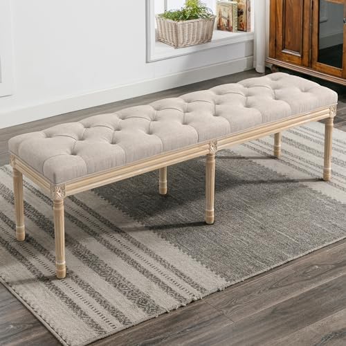 LUE BONA 60" Fabric End of Bed Bench, Upholstered Tufted French Bedroom Bench with Carved Legs for Bedroom End of King Size Bed, Living Room, Linen