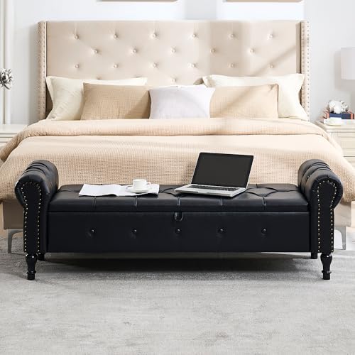 Storage Bench 67" Faux Leather End of Bed Benches Obsidian Black