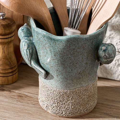 6.38“H Utensil Holder for Kitchen Counter, Modern Farmhouse Cooking Utensil Holder and Crock Home Kitchen Decor, Ceramic Utensil Organizer for Spatula, Ladle, Eggbeater, Rolling Pin- Blue and Brown