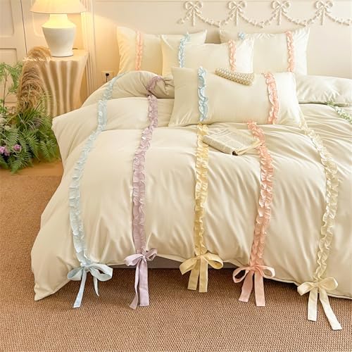 Colorful Striped Ruffled Bedding with Cute Bow,Chic Ruffle Romantic Queen Duvet, Coquette Aesthetic Style 3 piece Duvet Cover Set-1Queen Duvet Cover with 2 Pillowcases, No Comforter