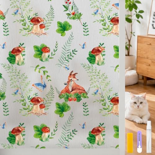 Countewol Privacy Window Films Stain Glass Cling No Glue Anti-UV Window Sticker for Bathroom Bedroom Living Room(Forest Textured 70.86" L*36.2" W)