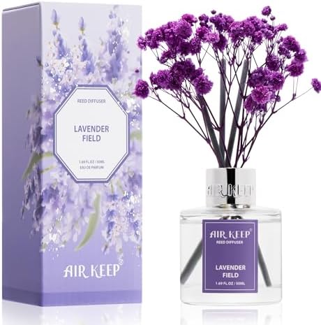 Airkeep Reed Diffuser Set,1.69 fl oz (50 ml) - Lavender Field Oil Diffusers with 8 Reed Sticks,Home Fragrance Reed Diffuser for Bathroom Shelf Decor