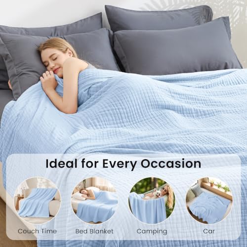 Love's cabin 100% Cotton Muslin Blanket Queen Size for Bed, Sky Blue