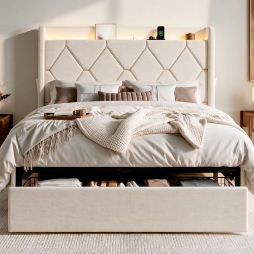 SHA CERLIN Full Size Bed Frame with Storage Drawer & LED Lights, Beige