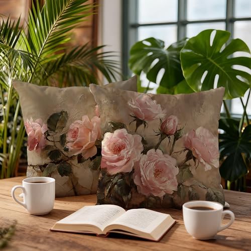 Vintage Pink Rose Floral Rectangle Pillow Throw Cover 18x18 Decor, Shabby Chic Rustic Cottagecore Decorative Throw Pillow Covers Double-Sided Set of 2