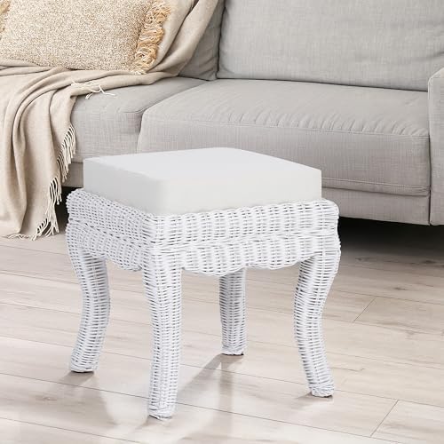 JONATHAN Y Rowan 19.7" Coastal Woven Rattan Vanity Stool, White Distressed